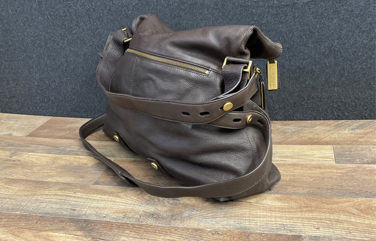 Kenneth Cole New York Brown Leather Foldover Crossbody Shoulder Bag Large Gold