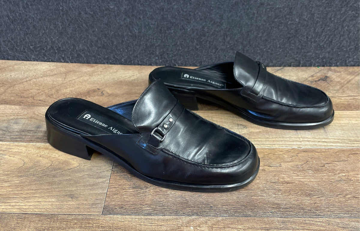 Etienne Aigner Ruthie Black Leather Loafer Mules Women's Size 6.5
