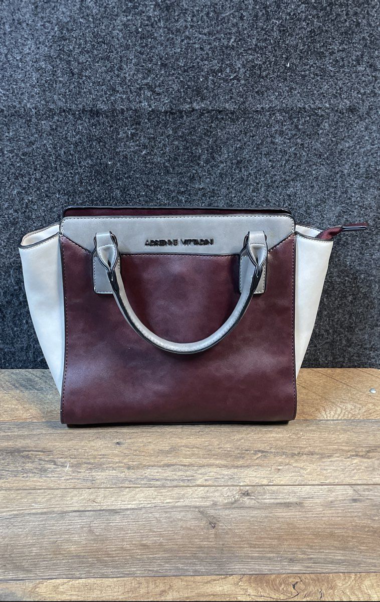 Adrienne Vittadini Burgundy Grey Cream Colorblock Satchel Handbag Large