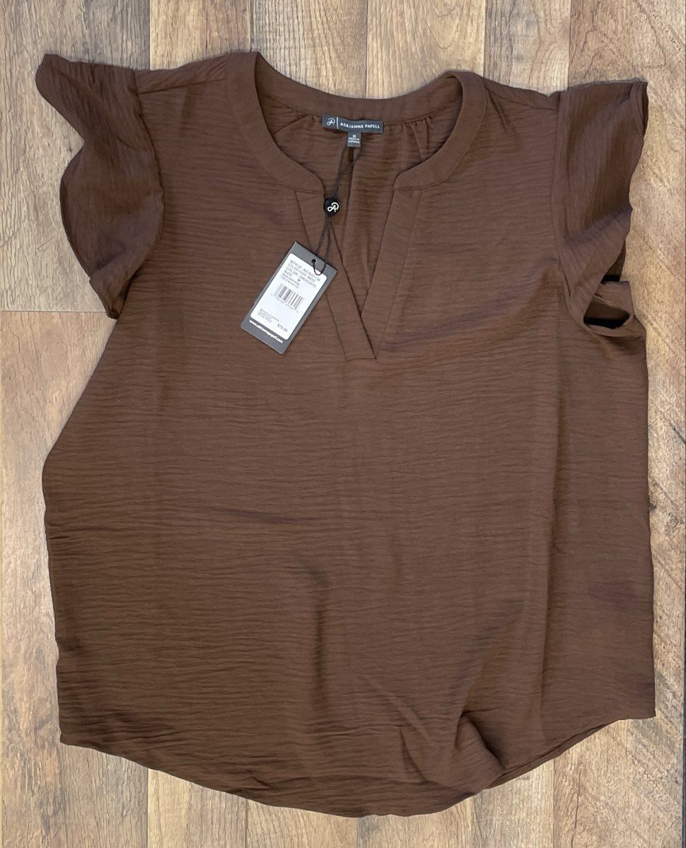 Adrianna Papell Women's Brown V-Neck Woven Top Flutter Cap Sleeve Sz M NWT