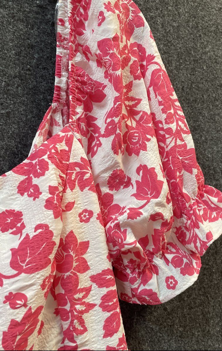 Crystal Doll Women's Pink Floral Puff Sleeve Tiered Open Back Mini Dress Sz L
