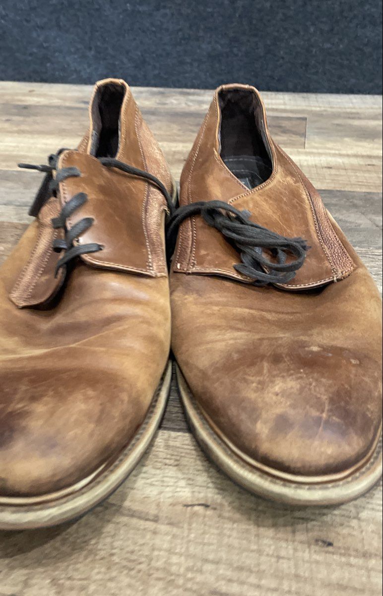Aston Grey Brown Textured Leather Plain Toe Derby Dress Shoes Men's Size 12