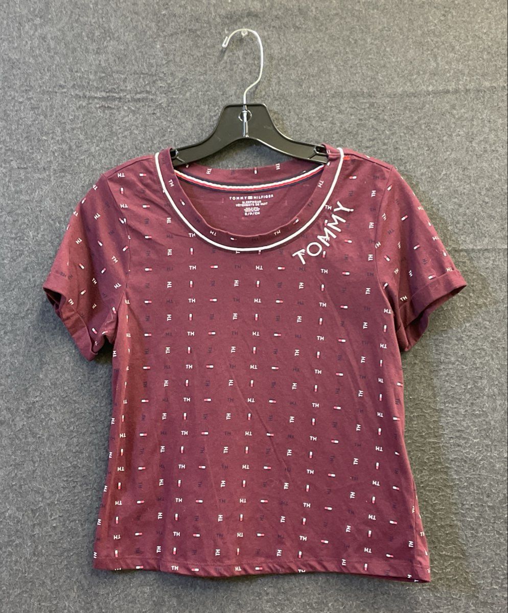 Tommy Hilfiger Women's Maroon Logo Print Sleep Shirt Pajama Top Sz S