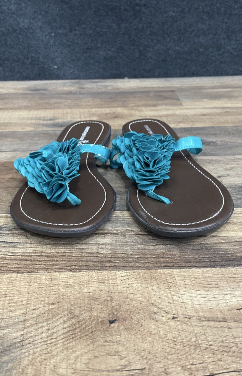 Montego Bay Club Teal Blue Ruffle Petal Slip On Slide Sandals Women's Size 8.5