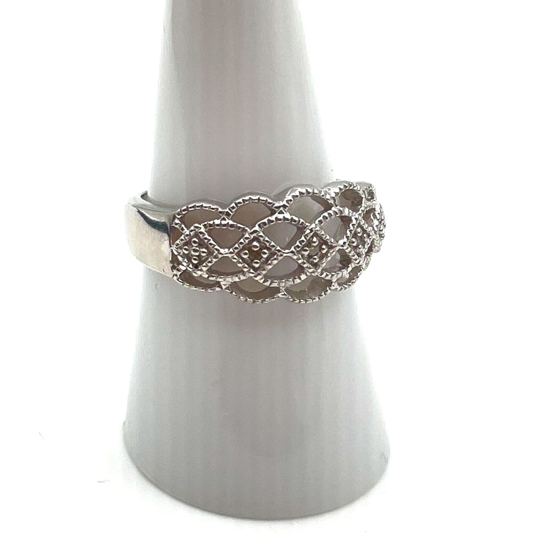 925 Sterling Silver Domed Basket Weave w/ Diamond Accents Ring 3.5g