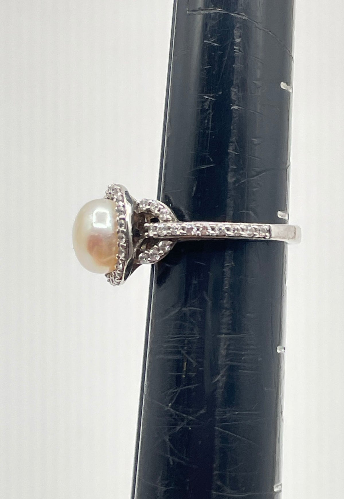 Delmar 925 Sterling Silver White Pearl CZ Halo Accent Ring 3.7g