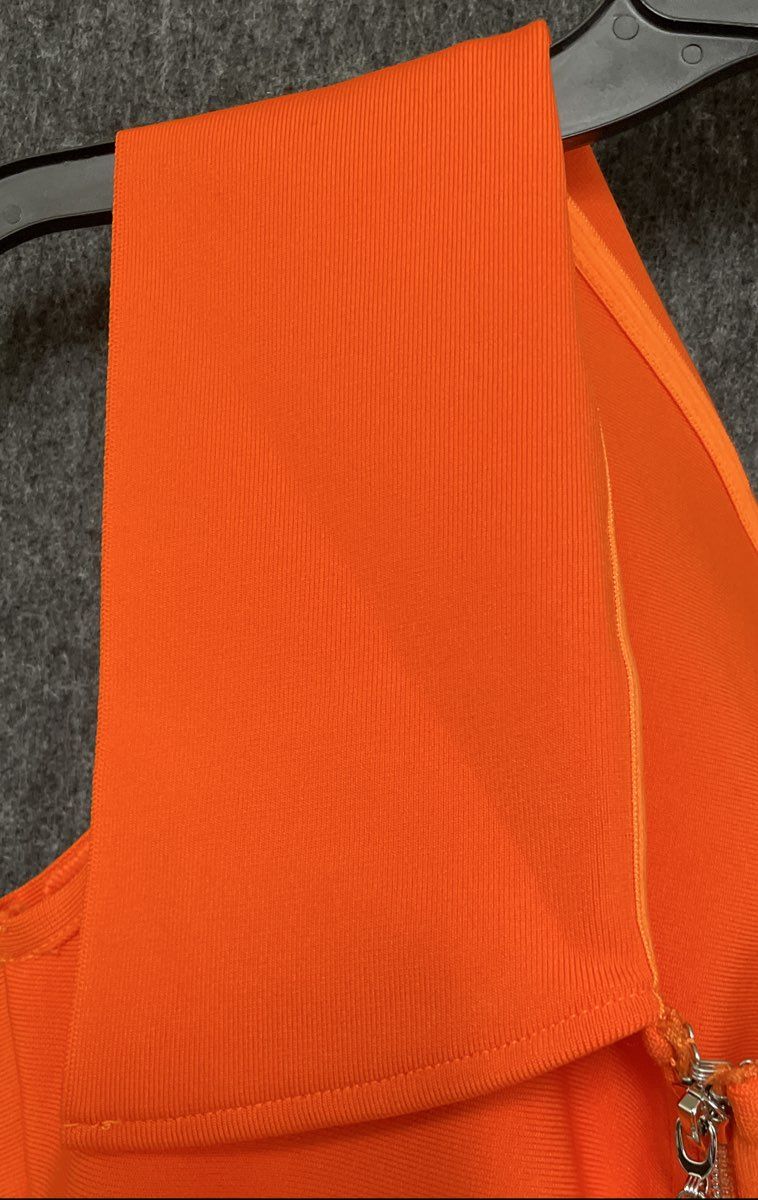 Women's Orange One-Shoulder Bandage Bodycon Ruffle Hem Midi Dress Sz M