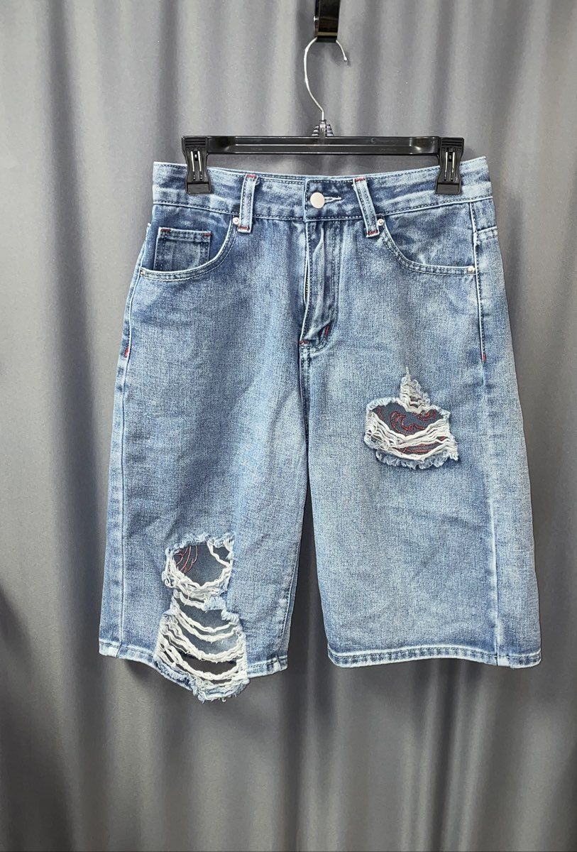 Romwe Women's Blue Distressed Ripped Cross Patch Knee Denim Shorts Sz S