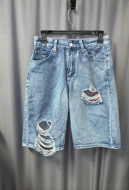 Romwe Women's Blue Distressed Ripped Cross Patch Knee Denim Shorts Sz S