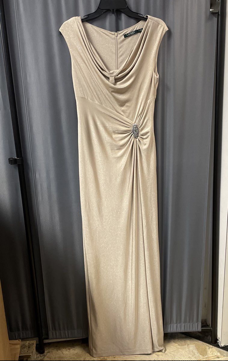 Lauren Ralph Lauren Women's Beige Gold Metallic Ruched Cowl Neck Gown Sz 10