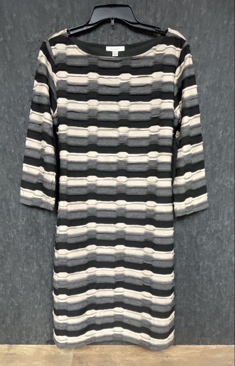 Dressbarn Women's Sheath Dress Black Gray White Textured Stripe Belted Sz 14