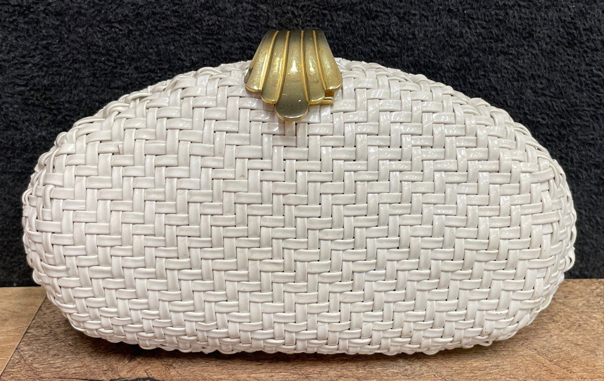 Vintage Ronora White Woven Clutch Bag Gold Shell Clasp Crossbody Hong Kong
