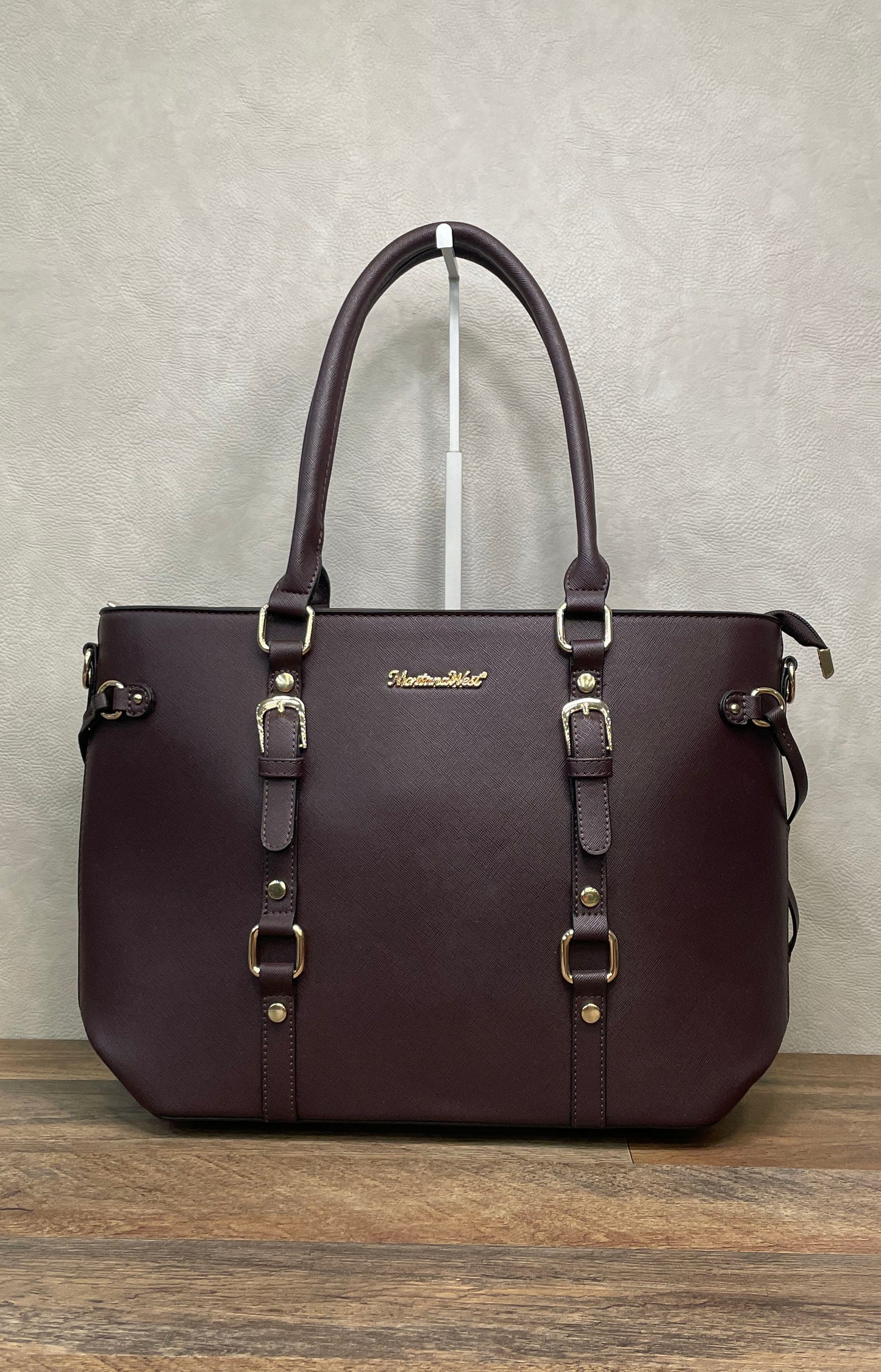 Montana West Burgundy Saffiano Faux Leather Buckle Tote Bag Gold Hardware