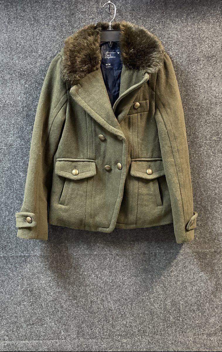 American Eagle Women's Olive Green Faux Fur Collar Wool Blend Peacoat Sz M