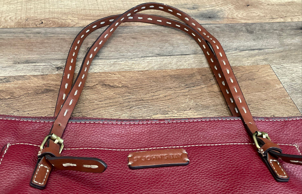 St. John's Bay Maroon Pebbled Leather Tote Bag Large Shoulder Bag Brown Straps