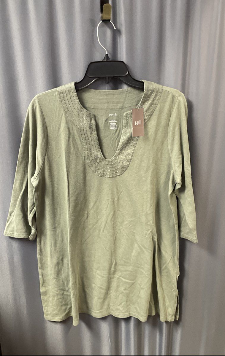 Pure Jill Women's Trapunto Tunic Green Cotton Linen 3/4 Sleeve NWT Sz M