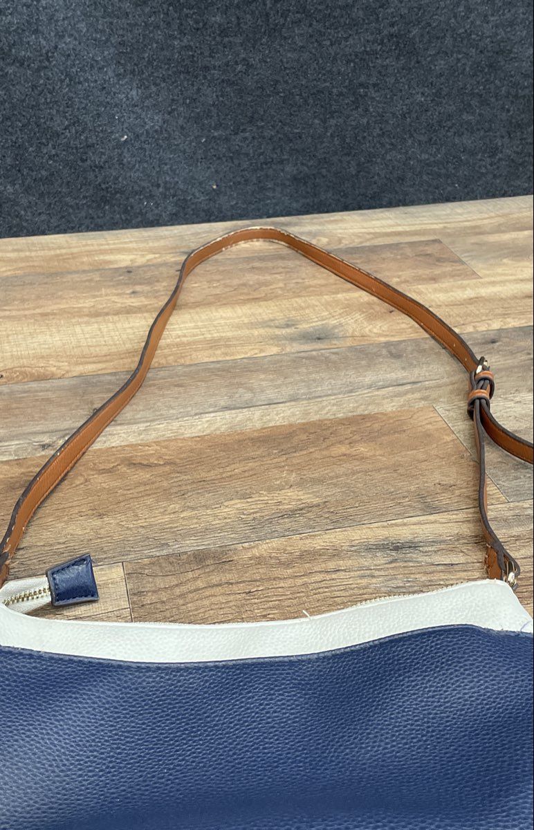 Anne Klein Navy Blue White Pebbled Leather Crossbody Shoulder Bag Gold Tone