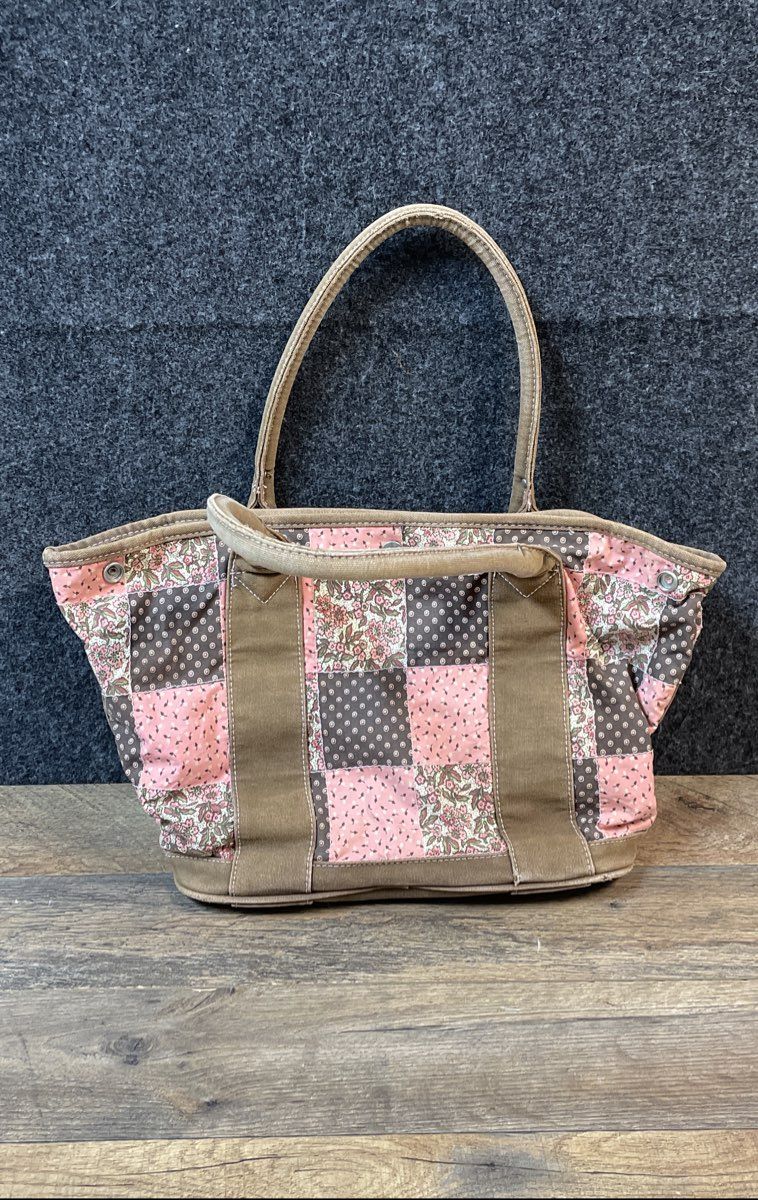 Life is Good Pink Brown Floral Patchwork Quilted Canvas Tote Bag