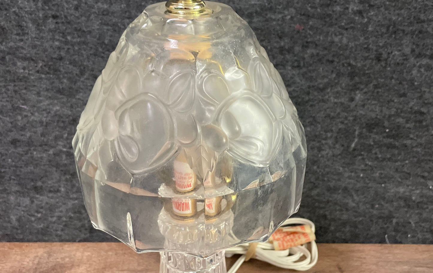 Vintage Pressed Glass Table Lamp Frosted Floral Shade Brass Accent Boudoir