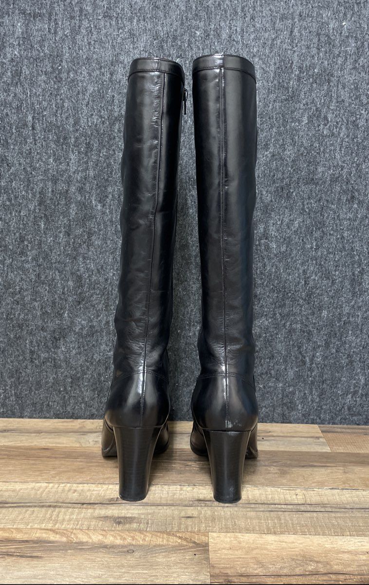 Nine West Black Leather Square Toe Knee High Heeled Boots Size 9 M