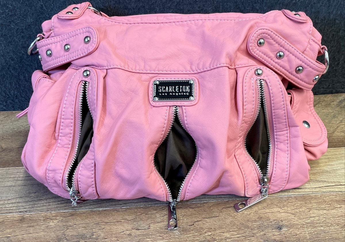 Scarleton Pink Faux Leather Multi-Zipper Satchel Handbag Silver Hardware