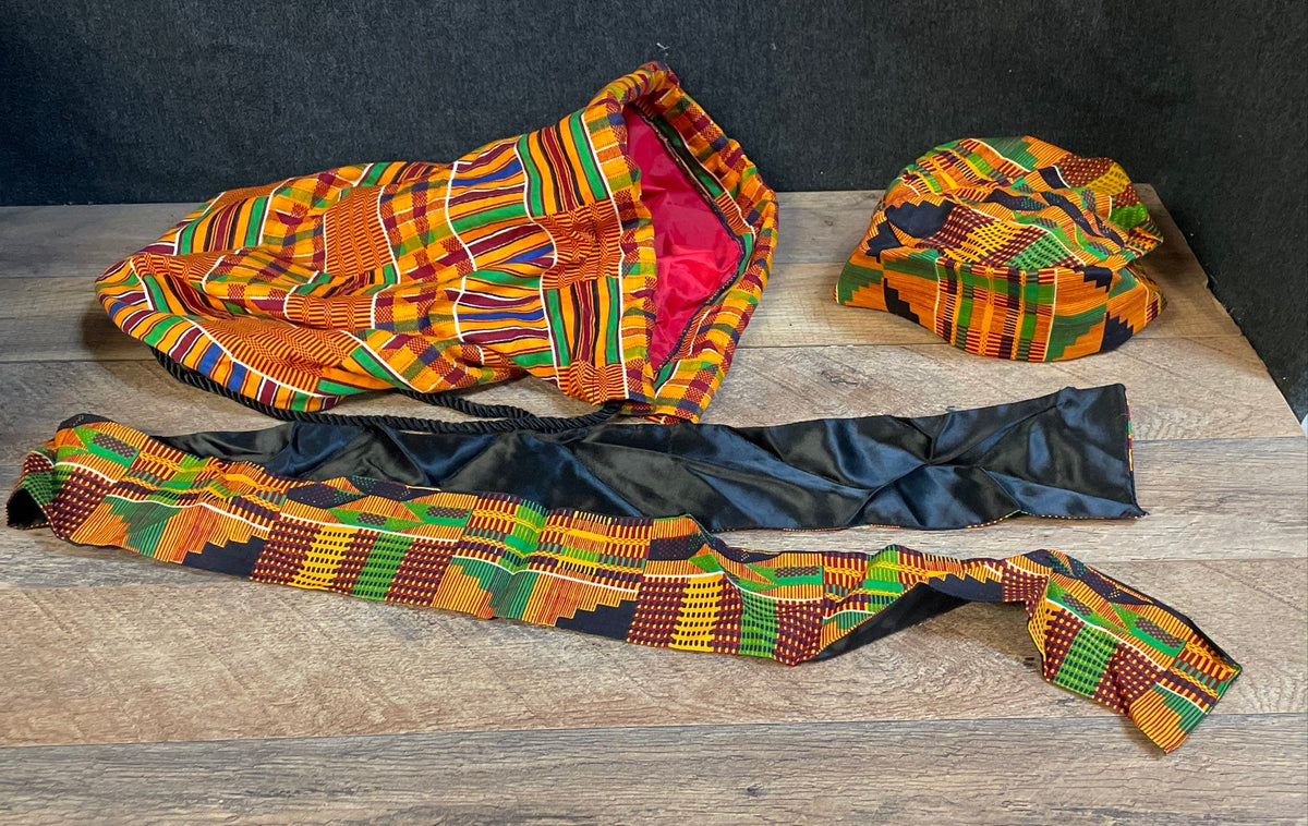 Vintage 90s Made in USA Kente Print 3 Piece Set Hat Sash Drawstring Bag