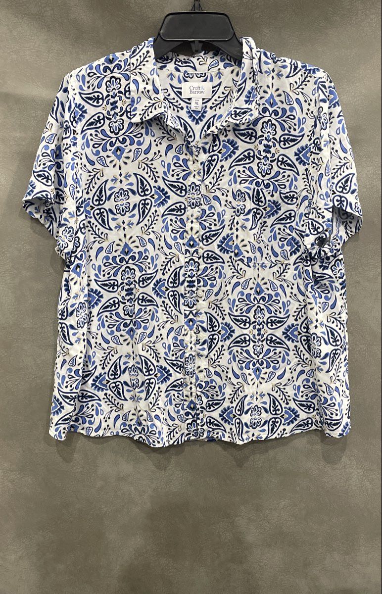 Croft & Barrow Women's Blue Floral Button Up Rayon Blouse Sz PXL