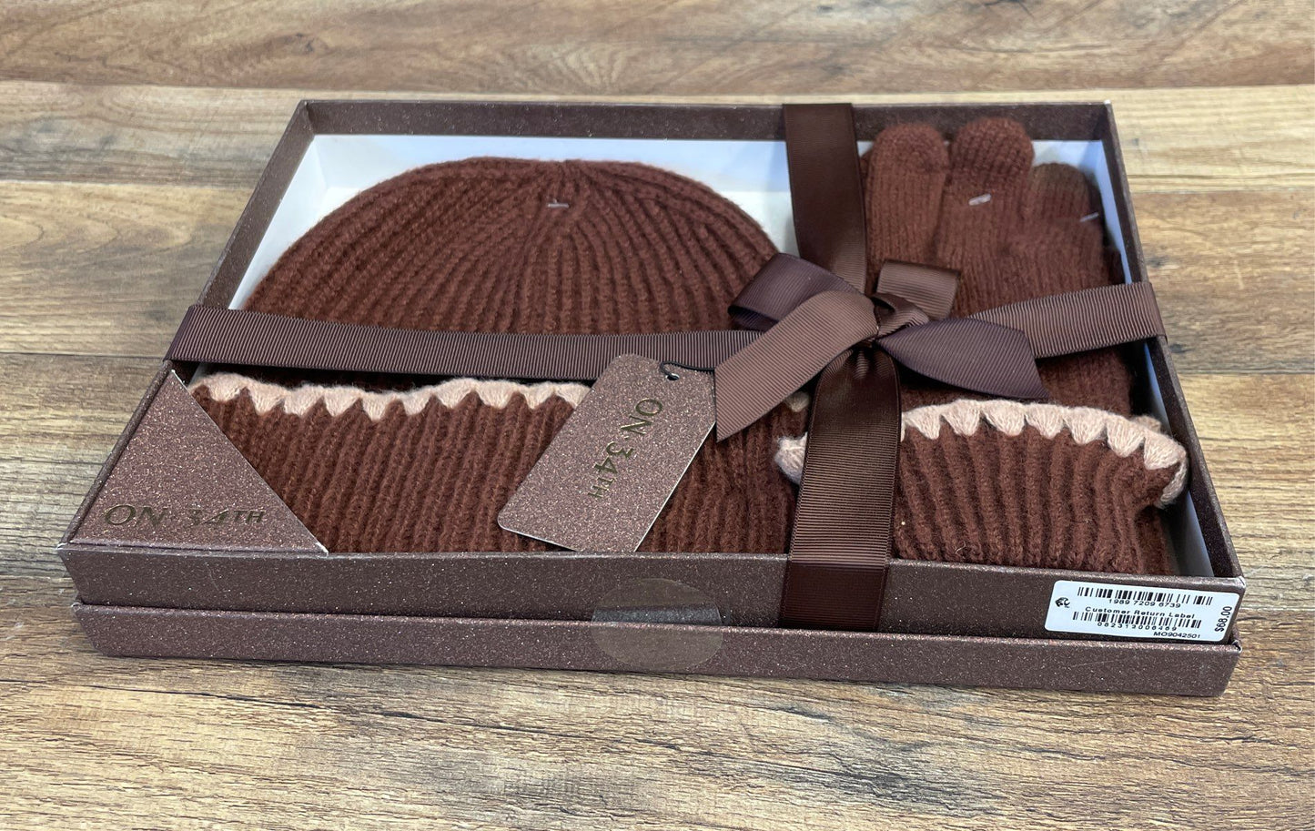 On 34th Women's Beanie & Gloves Gift Set Brown Ribbed Knit 2-Piece Winter NWT