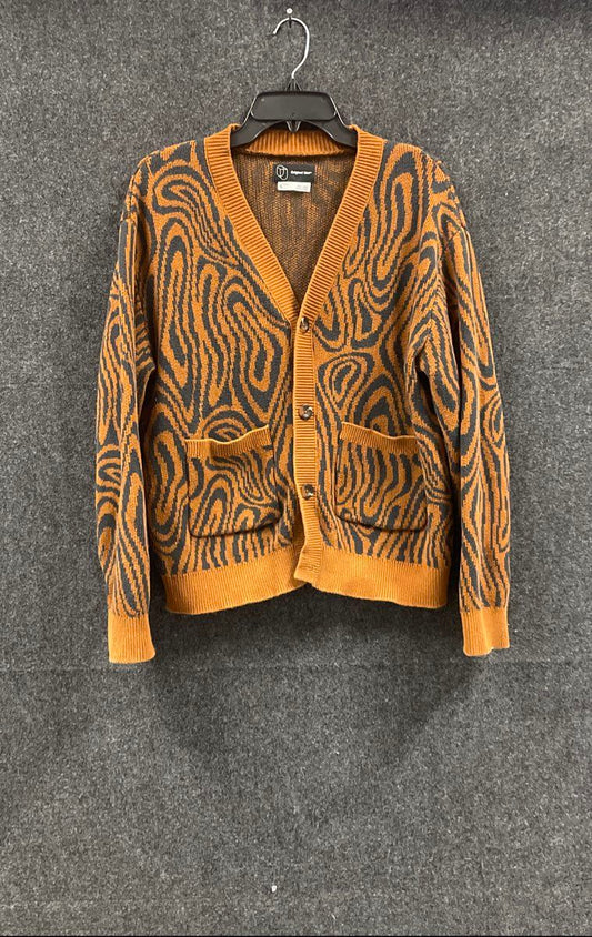 Original Use Men's Cardigan Sweater Brown Gray Wavy Psychedelic Knit Size S