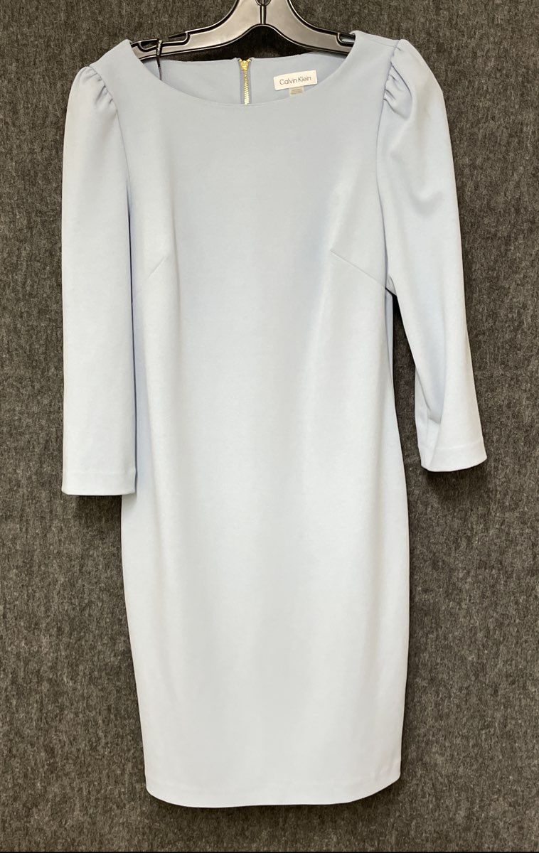 Calvin Klein Women's Pale Blue Crepe Puff Shoulder Sheath Dress 3/4 Sleeve Sz 8