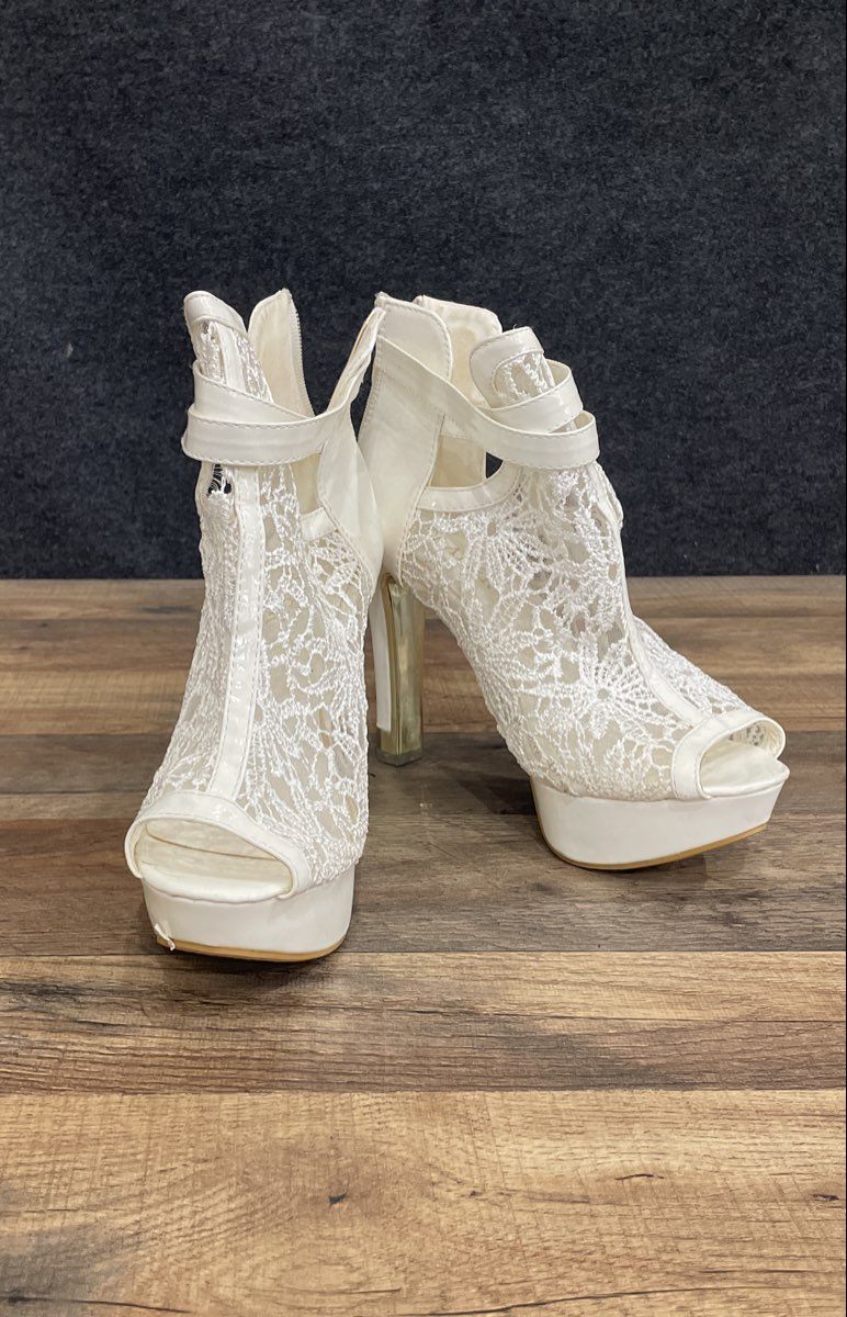 Lafer White Lace Open Toe Platform Ankle Strap High Heels Size 42