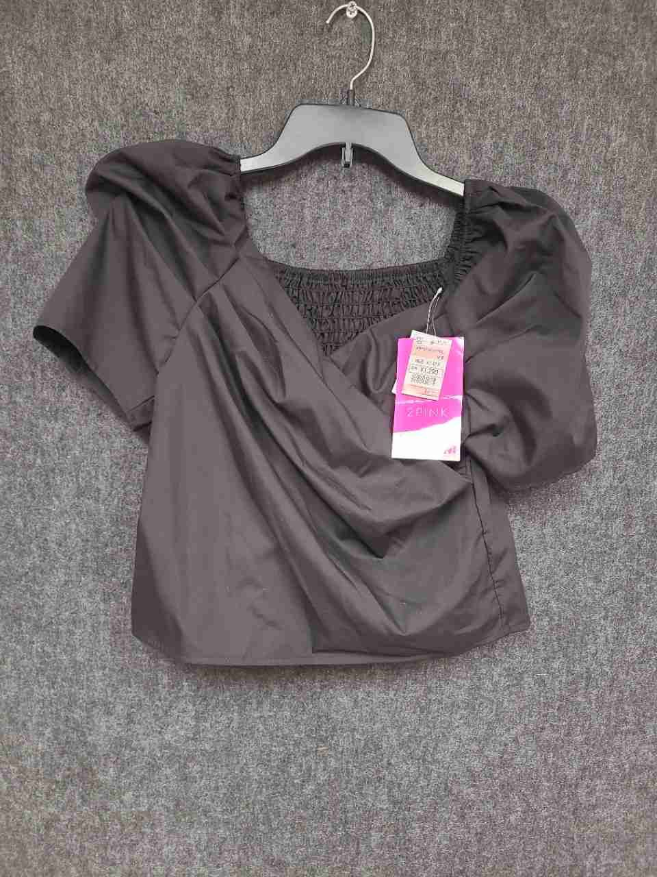 2PINK x ViVi Women's Black Puff Sleeve Wrap Front Smocked Back Top Sz L NWT