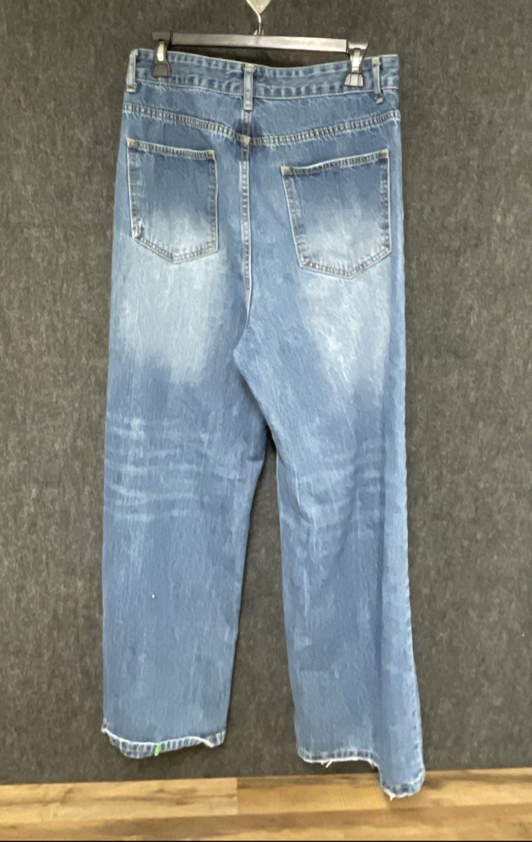 Bareline Women's Blue Faded Wide Leg High Rise D-Ring Denim Jeans Sz L