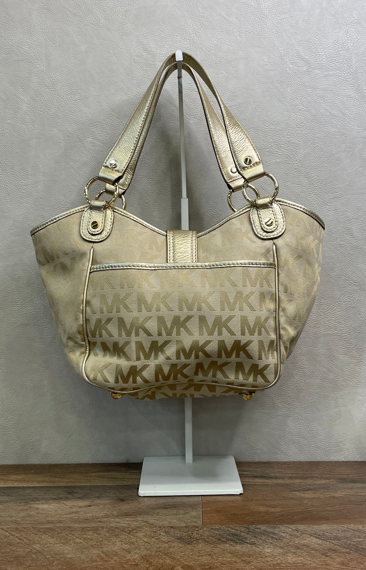 Michael Kors Gold Monogram Jacquard Shoulder Bag Push Lock Gold Hardware