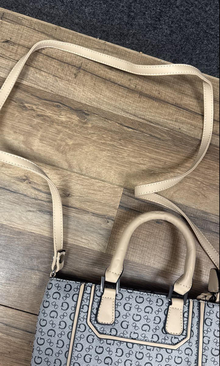 GUESS Grey Black Monogram Canvas Satchel Handbag Crossbody Bag Leopard Lining