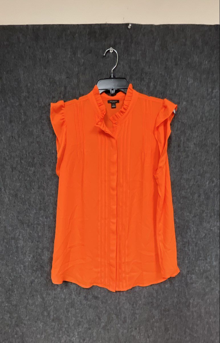 Ann Taylor Factory Women's Orange Ruffle Neck Pleated Sleeveless Blouse Sz L