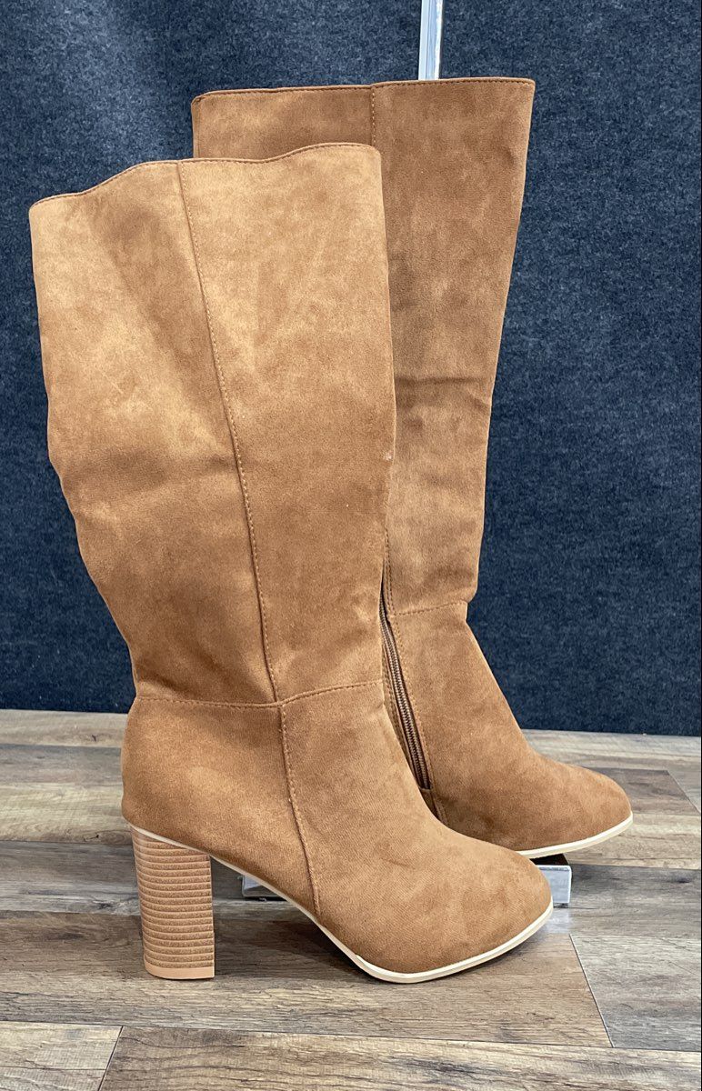Brown Faux Suede Knee High Block Heel Zip Up Boots Women's Size 11.5