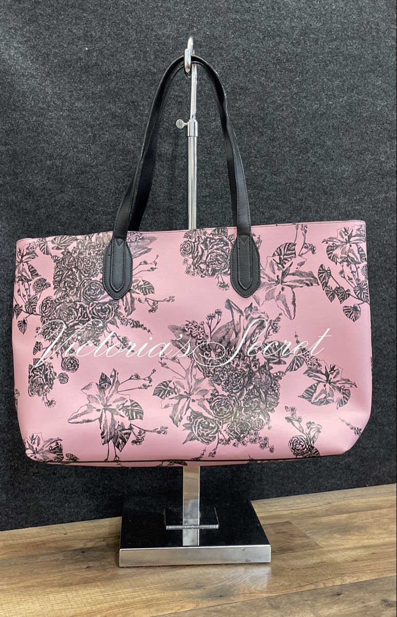 Victoria's Secret Pink & Black Floral Leather Large Tote Bag Handbag