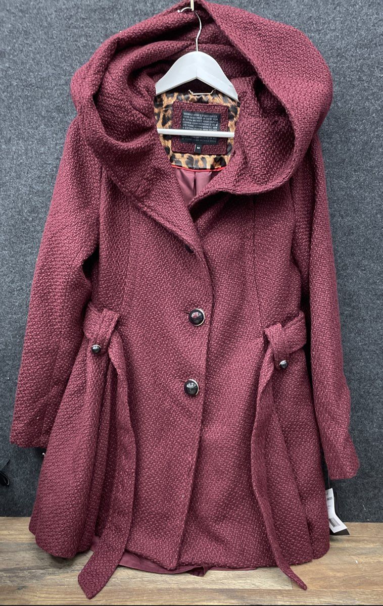 Steve Madden Women's Merlot Hooded Wool Blend Coat Leopard Trim NWT Sz S