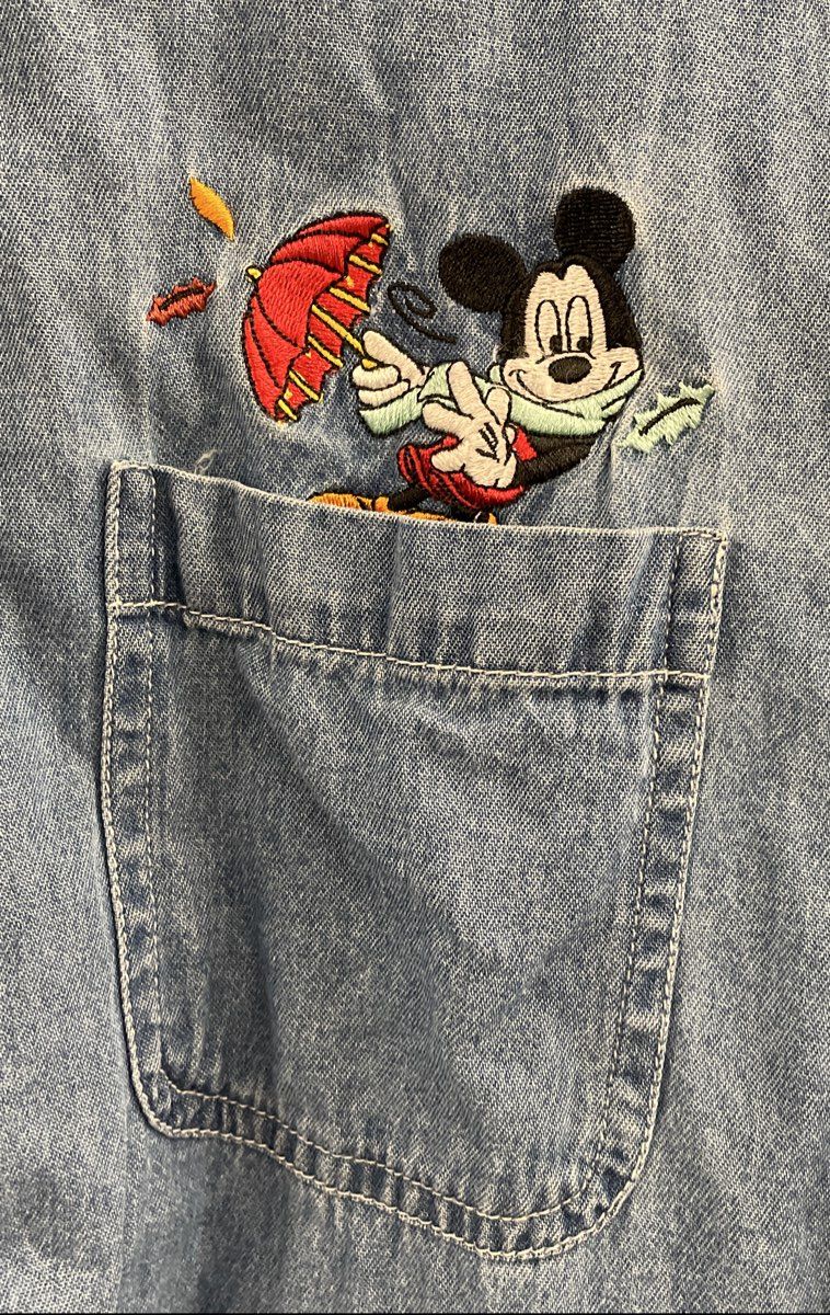 Vintage 90s Mickey Unlimited Embroidered Denim Button Up Shirt Sz 26W/28W