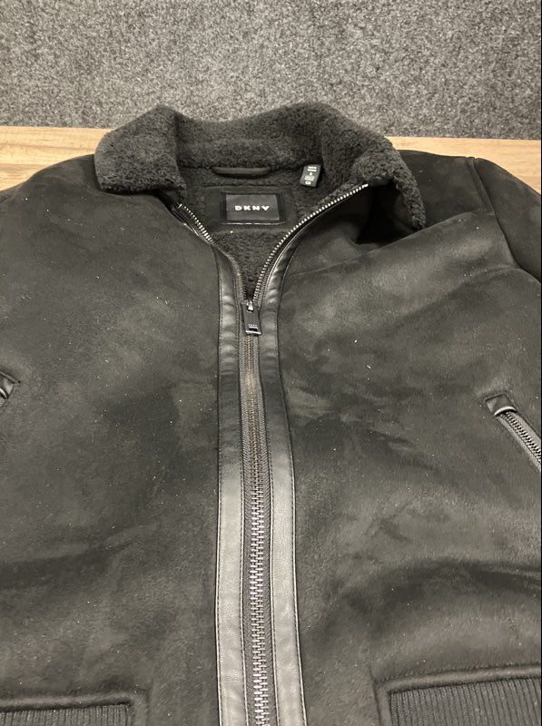 DKNY Men's Black Faux Suede Sherpa Lined Bomber Jacket Size S