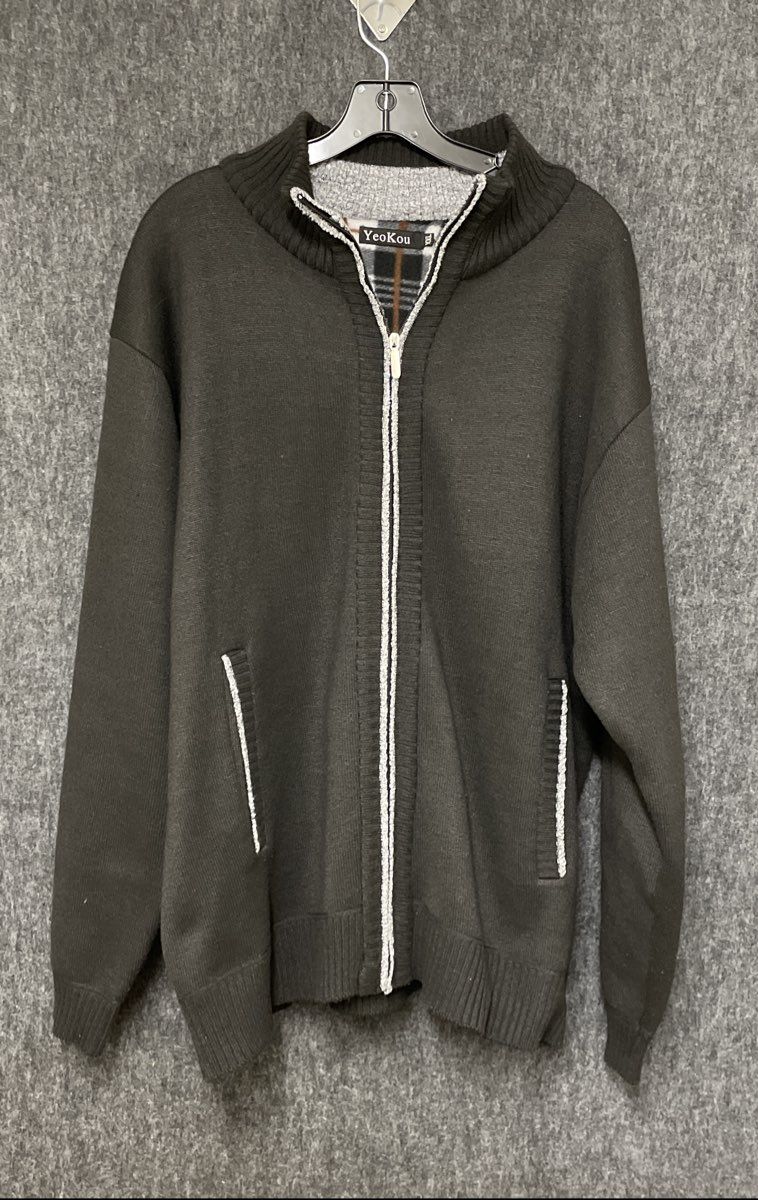 YeoKou Men's Black Full Zip Cardigan Sweater Cashmere Blend Plaid Lined Sz XXL