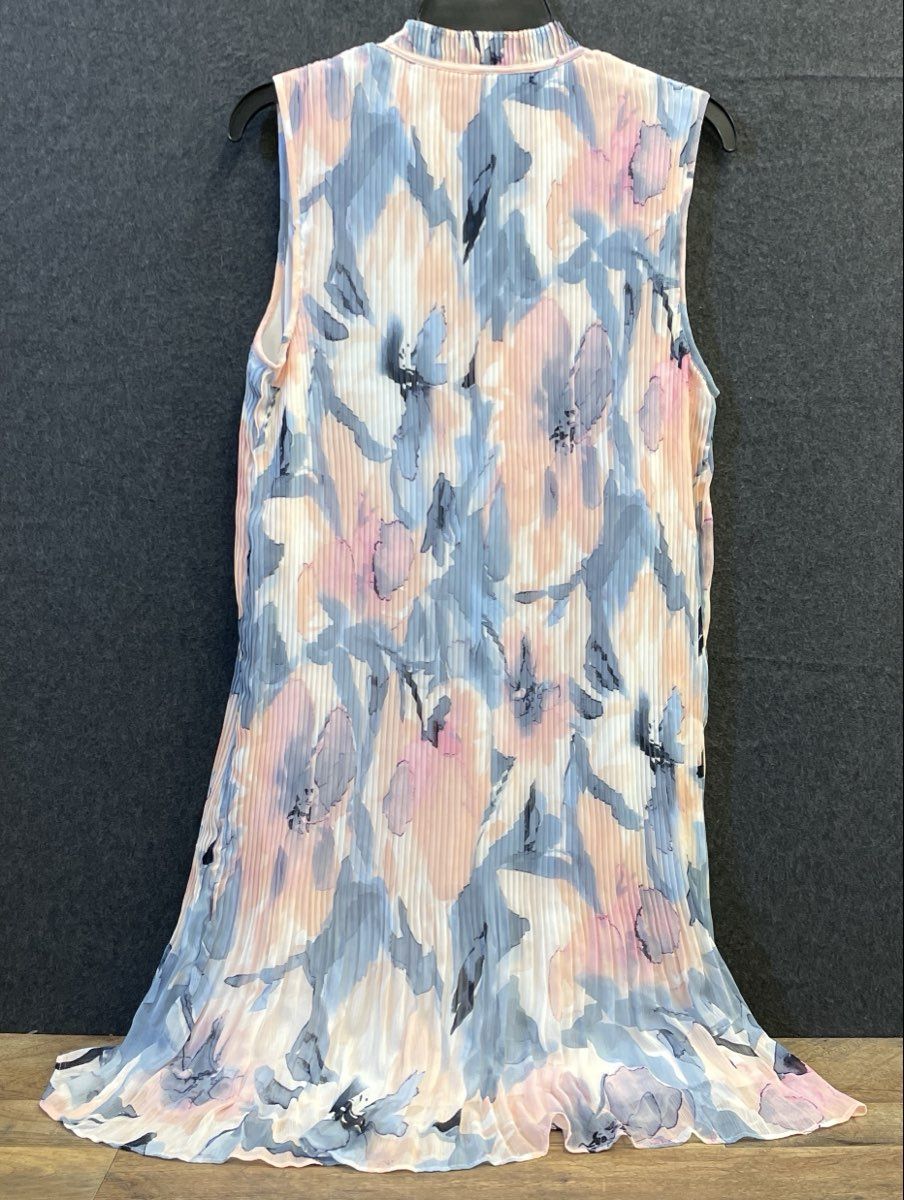 DKNY Women's Dress Multicolor Floral Pleated Tie Neck Sleeveless Shift Size 12