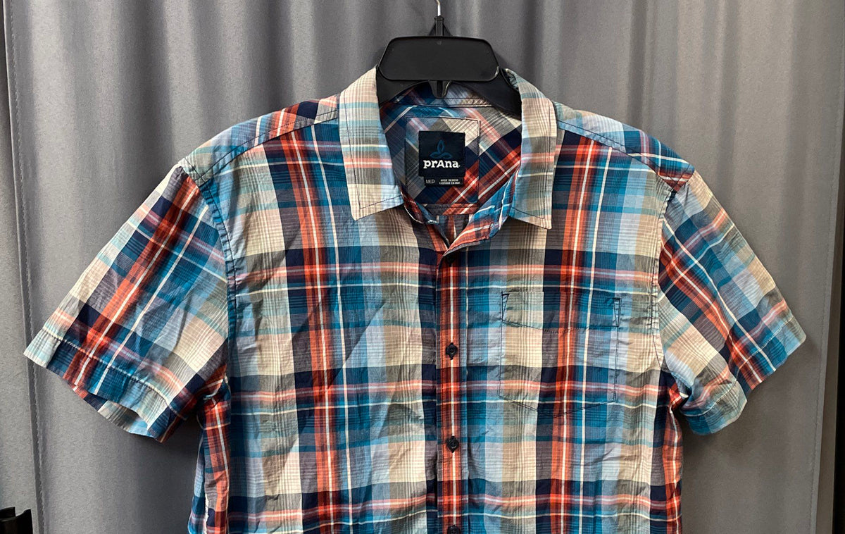 Prana Men's Blue Orange Plaid Short Sleeve Button Down Cotton Shirt Sz Medium