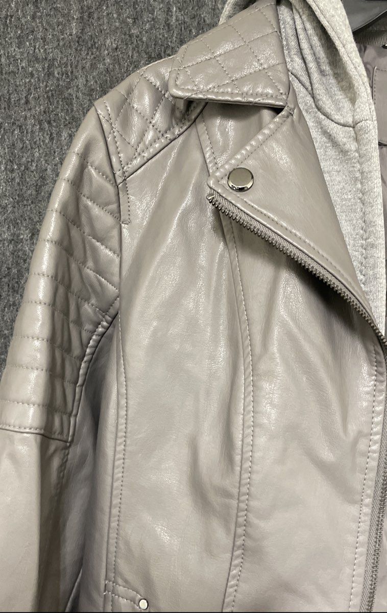 a.n.a Women's Gray Faux Leather Moto Jacket with Hoodie Size M