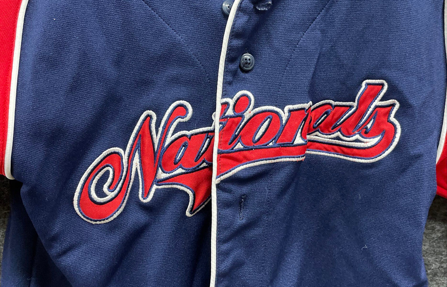 True Fan MLB Washington Nationals Boys Baseball Jersey Navy Red Button Up Sz L