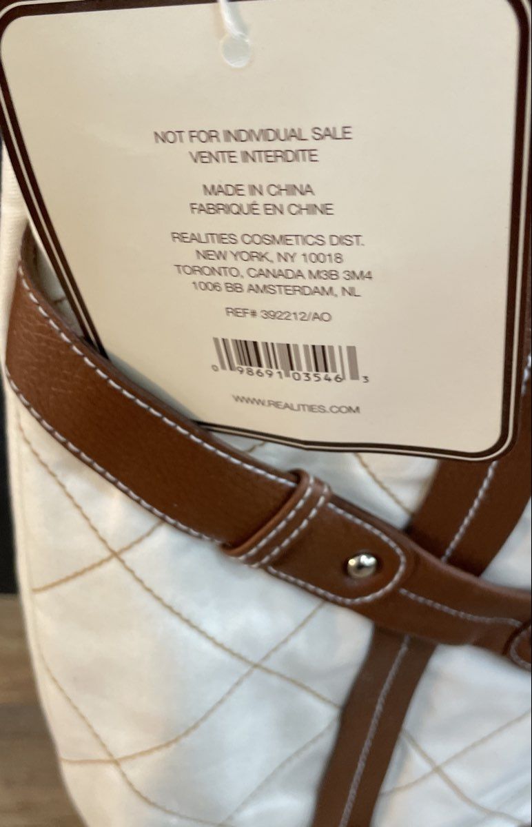 Realities White Quilted Shoulder Bag Tan Trim Tote Purse NWT