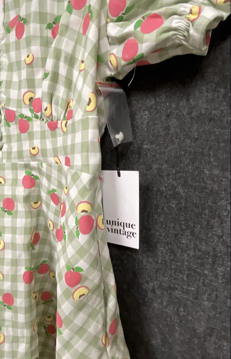 Unique Vintage Women's Green Peach Gingham Puff Sleeve A-Line Dress NWT Sz XL 14