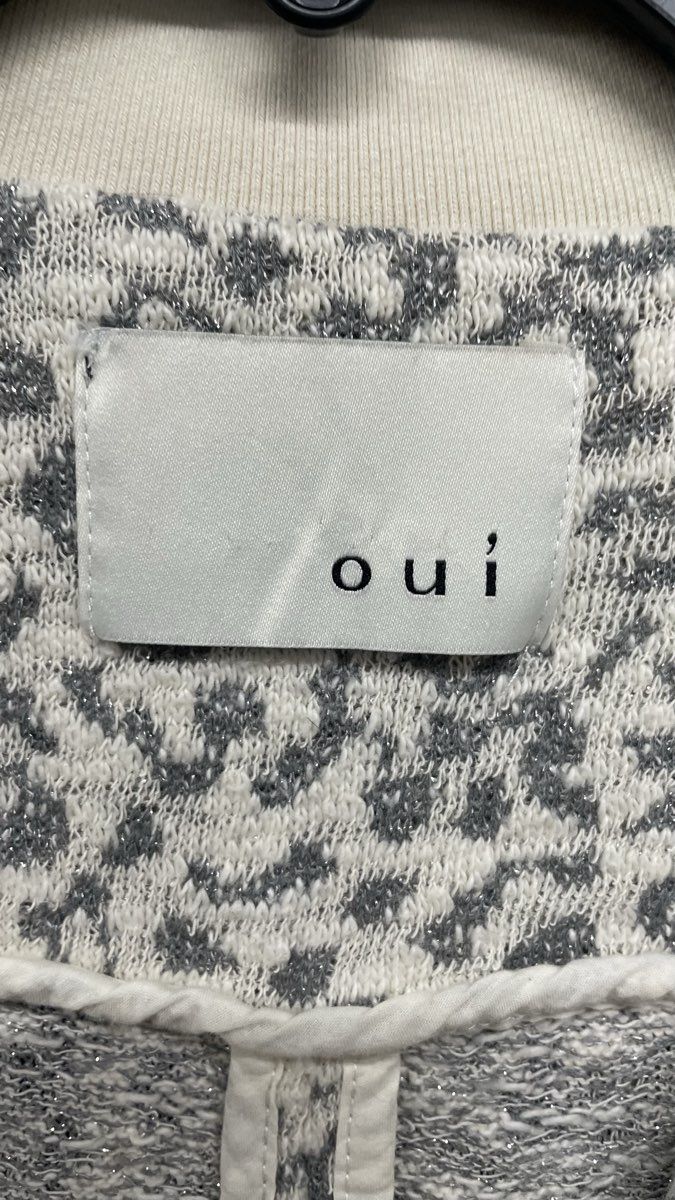 Oui Women's Cream Gray Leopard Print Metallic Textured Knit Blazer Jacket