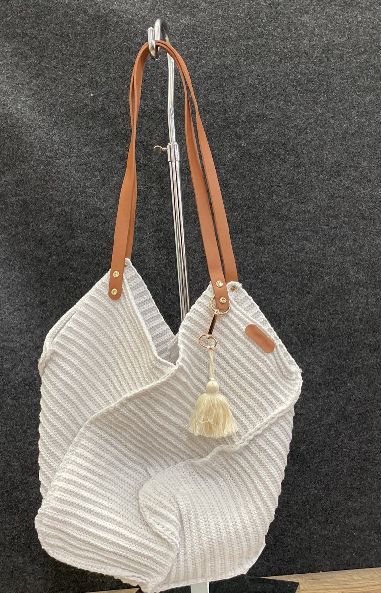 Unbranded White Woven Cotton Tote Bag with Tassel Gold Hardware
